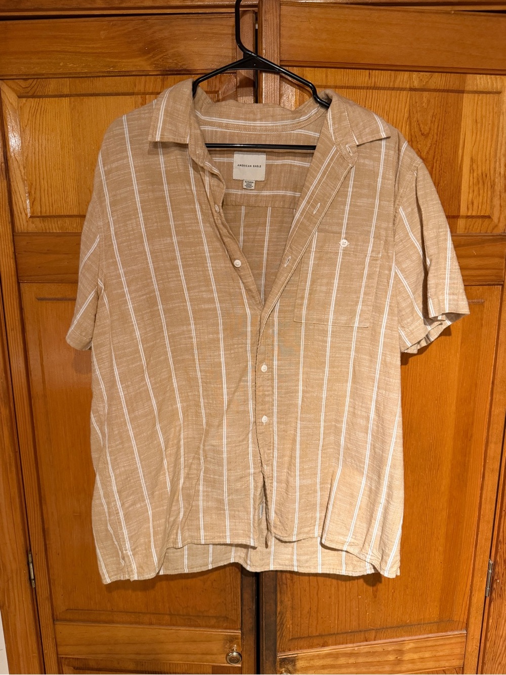 American Eagle Outfitters Tan and White Striped Short-Sleeve Button-Down Shirt